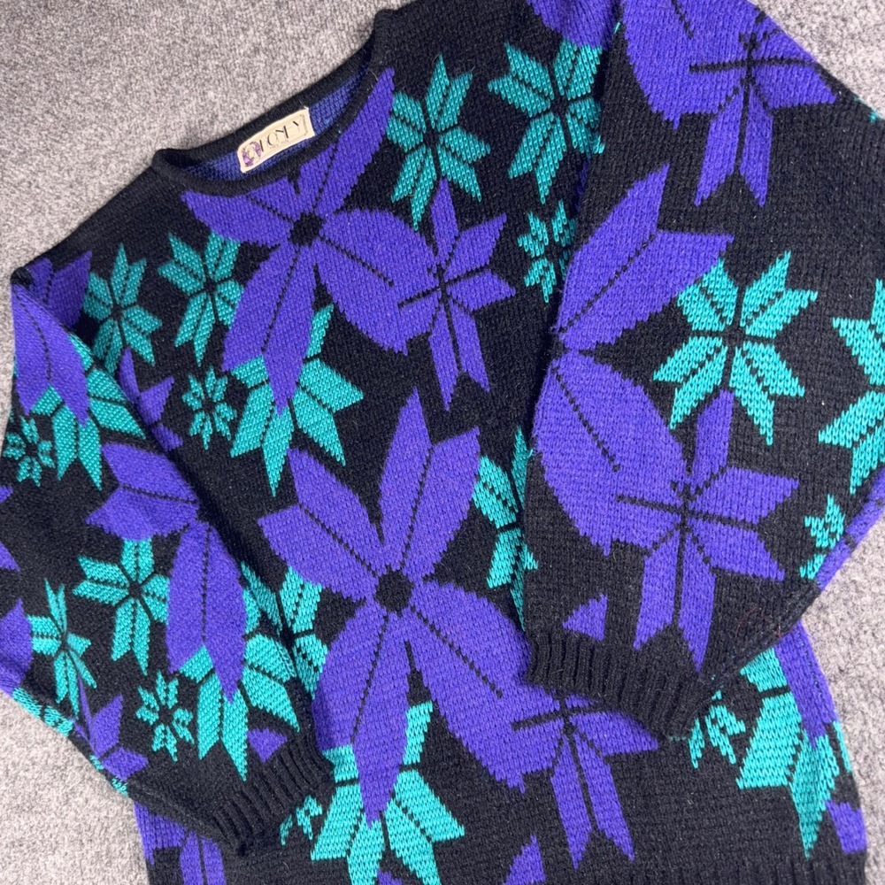 Vintage Honey Snowflake Sweater Purple Teal Black Geometric Knit Free Size Retro